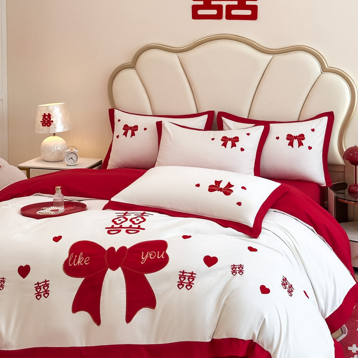 91家纺网 家纺一手货源 找家纺 火麒麟家纺 2025新款亲肤棉婚庆刺绣四件套 一见钟情