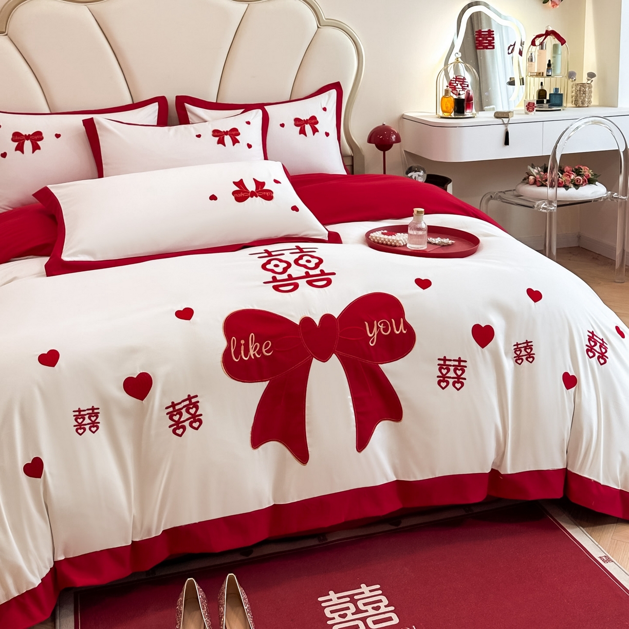 91家纺网 家纺一手货源 找家纺 火麒麟家纺 2025新款亲肤棉婚庆刺绣四件套 一见钟情