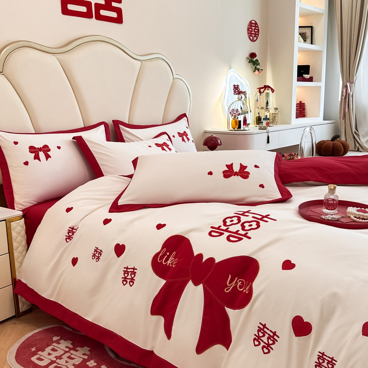 91家纺网 家纺一手货源 找家纺 火麒麟家纺 2025新款亲肤棉婚庆刺绣四件套 一见钟情