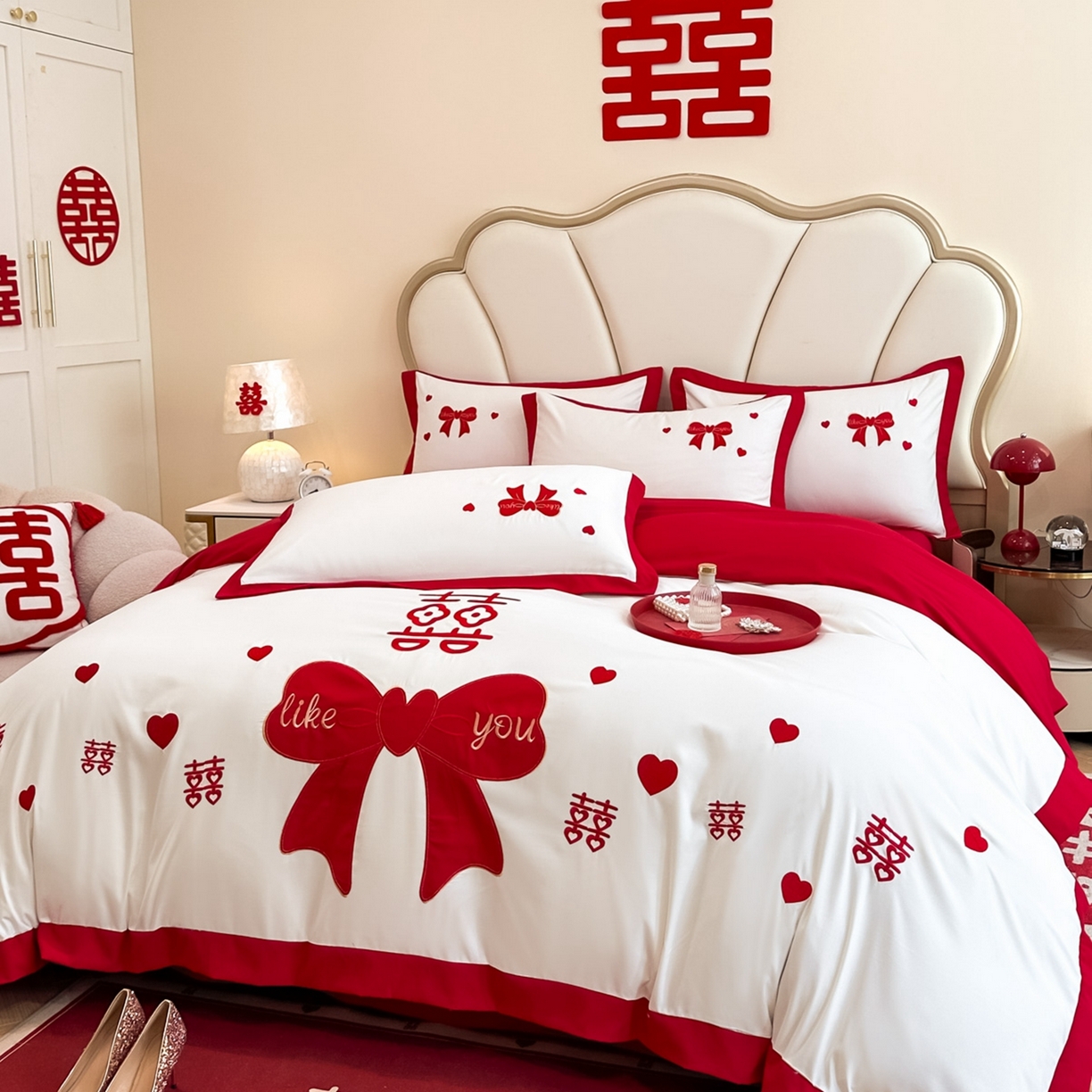 91家纺网 家纺一手货源 找家纺 火麒麟家纺 2025新款亲肤棉婚庆刺绣四件套 一见钟情