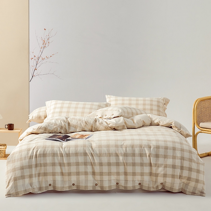 （总）贝尔 PELLHOME 简约格子纽扣棉麻透气舒适亚麻四件套床单被套场景一（可抖音代发）