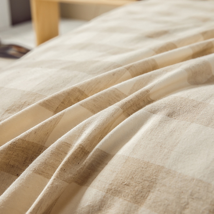 91家纺网 家纺一手货源 找家纺 （总）贝尔 PELLHOME 简约格子纽扣棉麻透气舒适亚麻四件套床单被套场景一（可抖音代发）