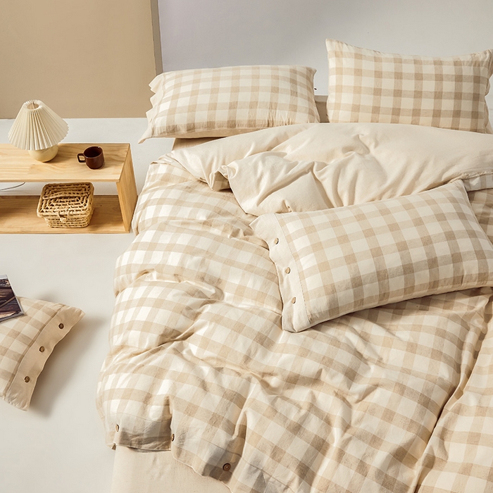 91家纺网 家纺一手货源 找家纺 （总）贝尔 PELLHOME 简约格子纽扣棉麻透气舒适亚麻四件套床单被套场景一（可抖音代发）