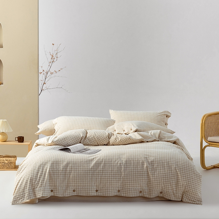 91家纺网 家纺一手货源 找家纺 （总）贝尔 PELLHOME 简约格子纽扣棉麻透气舒适亚麻四件套床单被套场景一（可抖音代发）