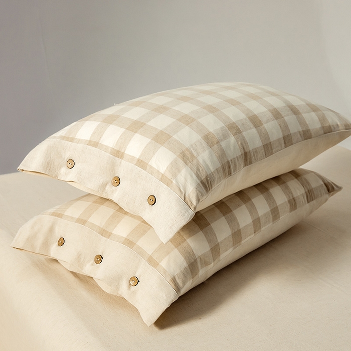 91家纺网 家纺一手货源 找家纺 贝尔 PELLHOME 简约格子纽扣棉麻透气舒适亚麻四件套床单被套场景一（可抖音代发） 曲奇咖