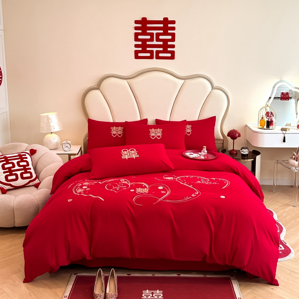 火麒麟家纺 2025新款亲肤棉婚庆刺绣四件套 永结同心