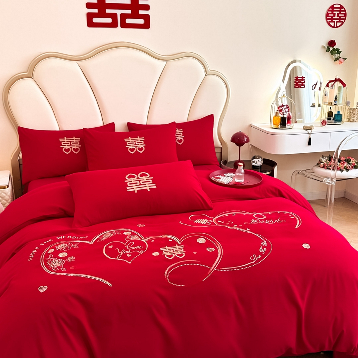 91家纺网 家纺一手货源 找家纺 火麒麟家纺 2025新款亲肤棉婚庆刺绣四件套 永结同心