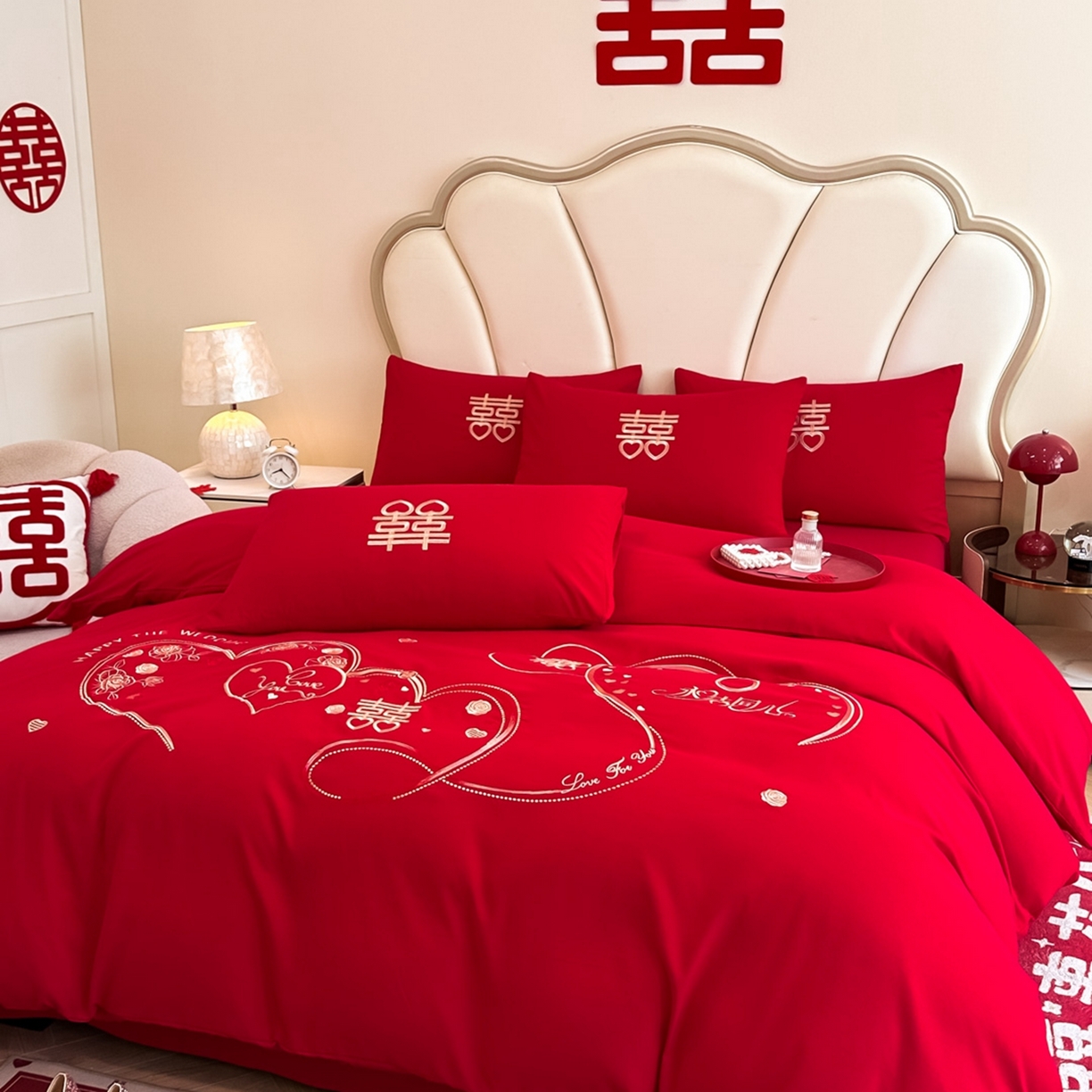 91家纺网 家纺一手货源 找家纺 火麒麟家纺 2025新款亲肤棉婚庆刺绣四件套 永结同心
