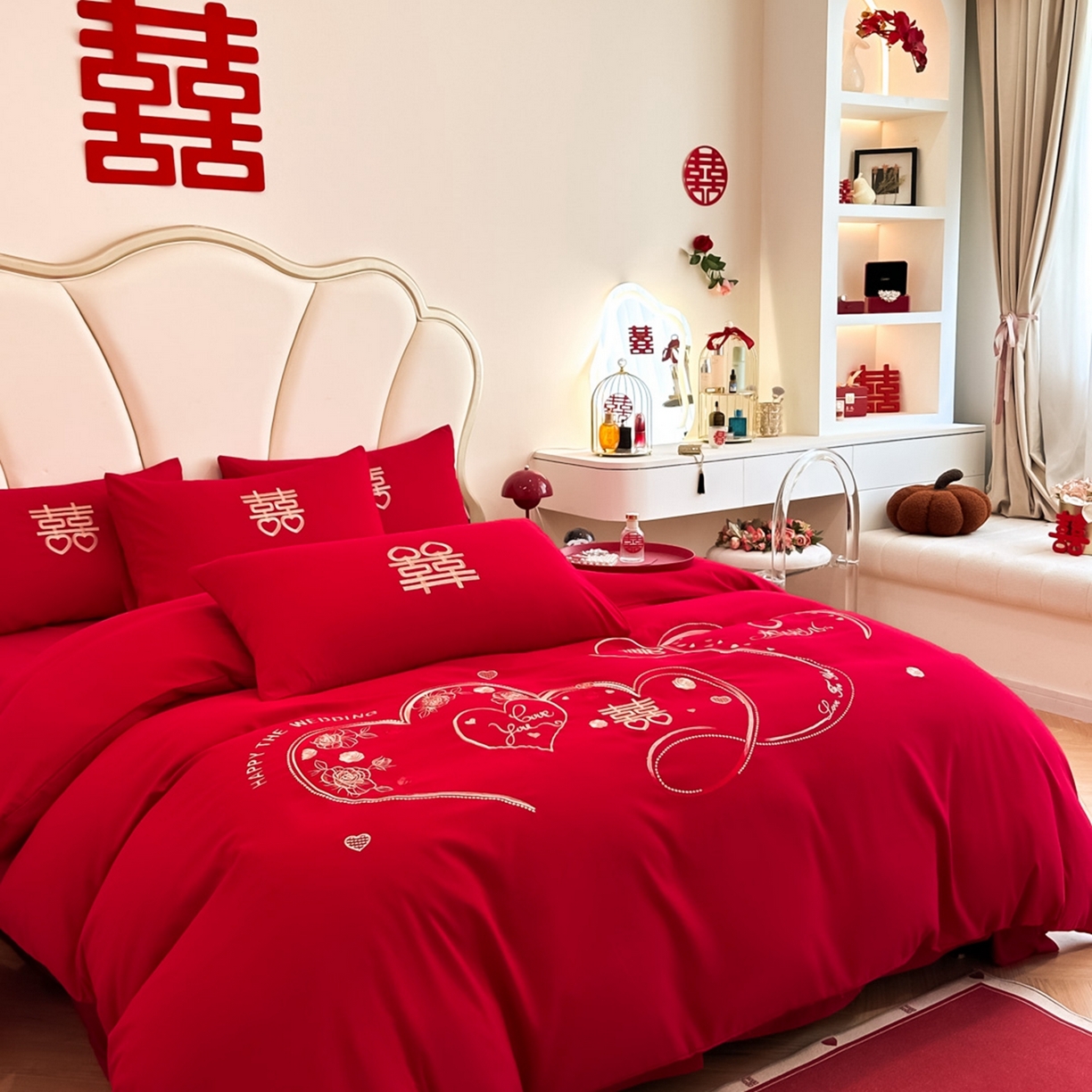 91家纺网 家纺一手货源 找家纺 火麒麟家纺 2025新款亲肤棉婚庆刺绣四件套 永结同心
