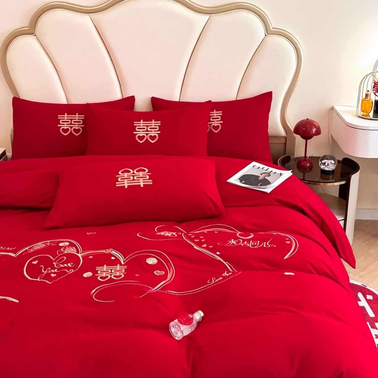 91家纺网 家纺一手货源 找家纺 火麒麟家纺 2025新款亲肤棉婚庆刺绣四件套 永结同心