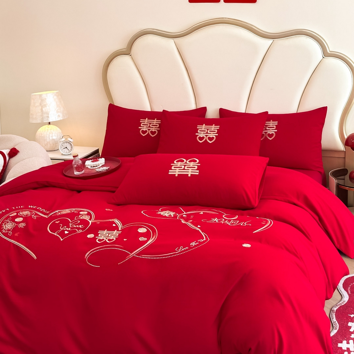 91家纺网 家纺一手货源 找家纺 火麒麟家纺 2025新款亲肤棉婚庆刺绣四件套 永结同心