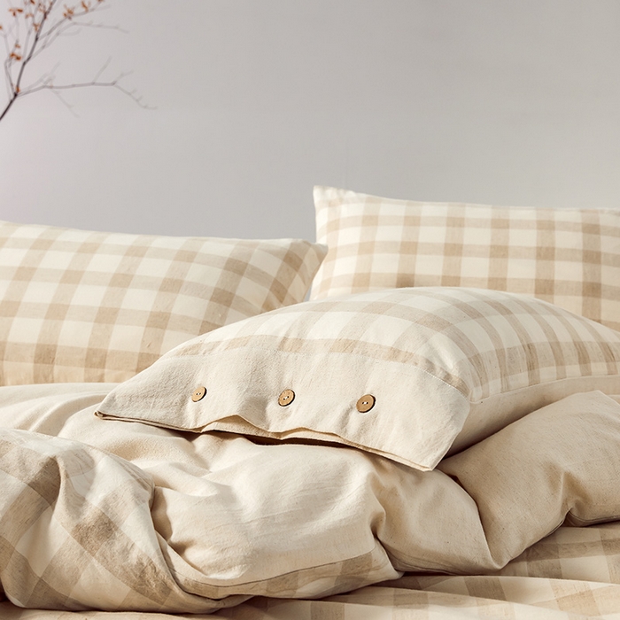 91家纺网 家纺一手货源 找家纺 贝尔 PELLHOME 简约格子纽扣棉麻透气舒适亚麻四件套床单被套场景一（可抖音代发） 曲奇咖