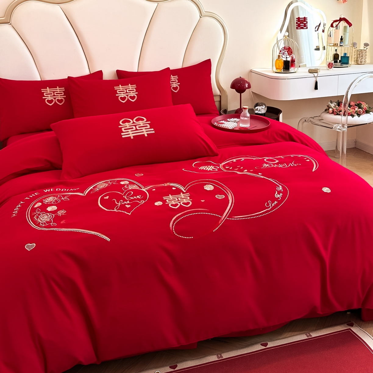 91家纺网 家纺一手货源 找家纺 火麒麟家纺 2025新款亲肤棉婚庆刺绣四件套 永结同心