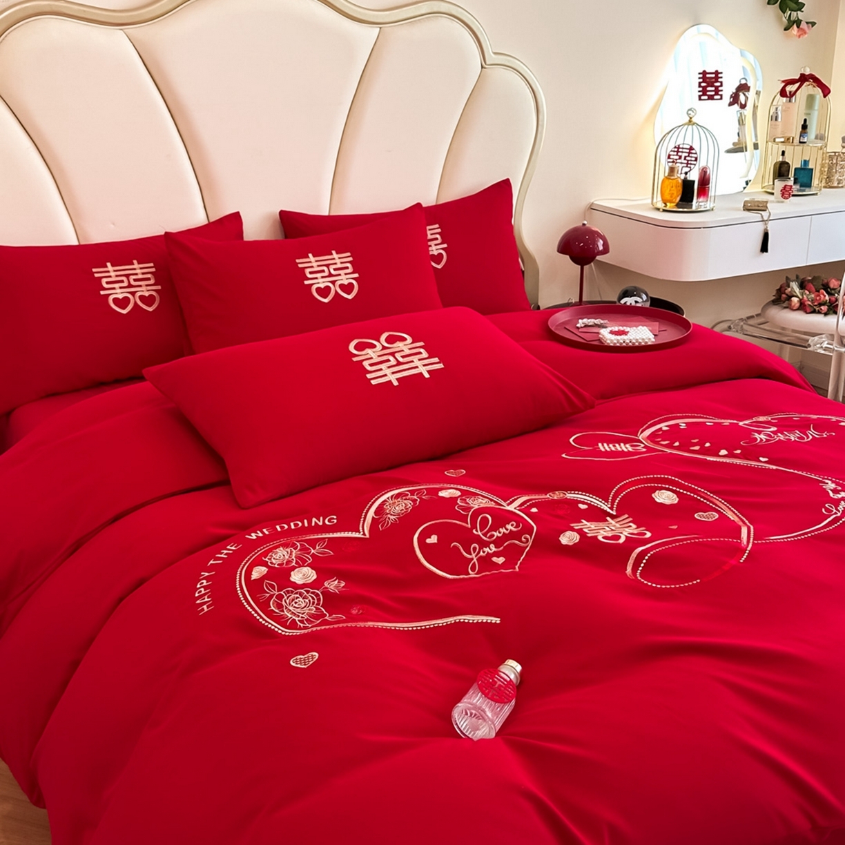 91家纺网 家纺一手货源 找家纺 火麒麟家纺 2025新款亲肤棉婚庆刺绣四件套 永结同心