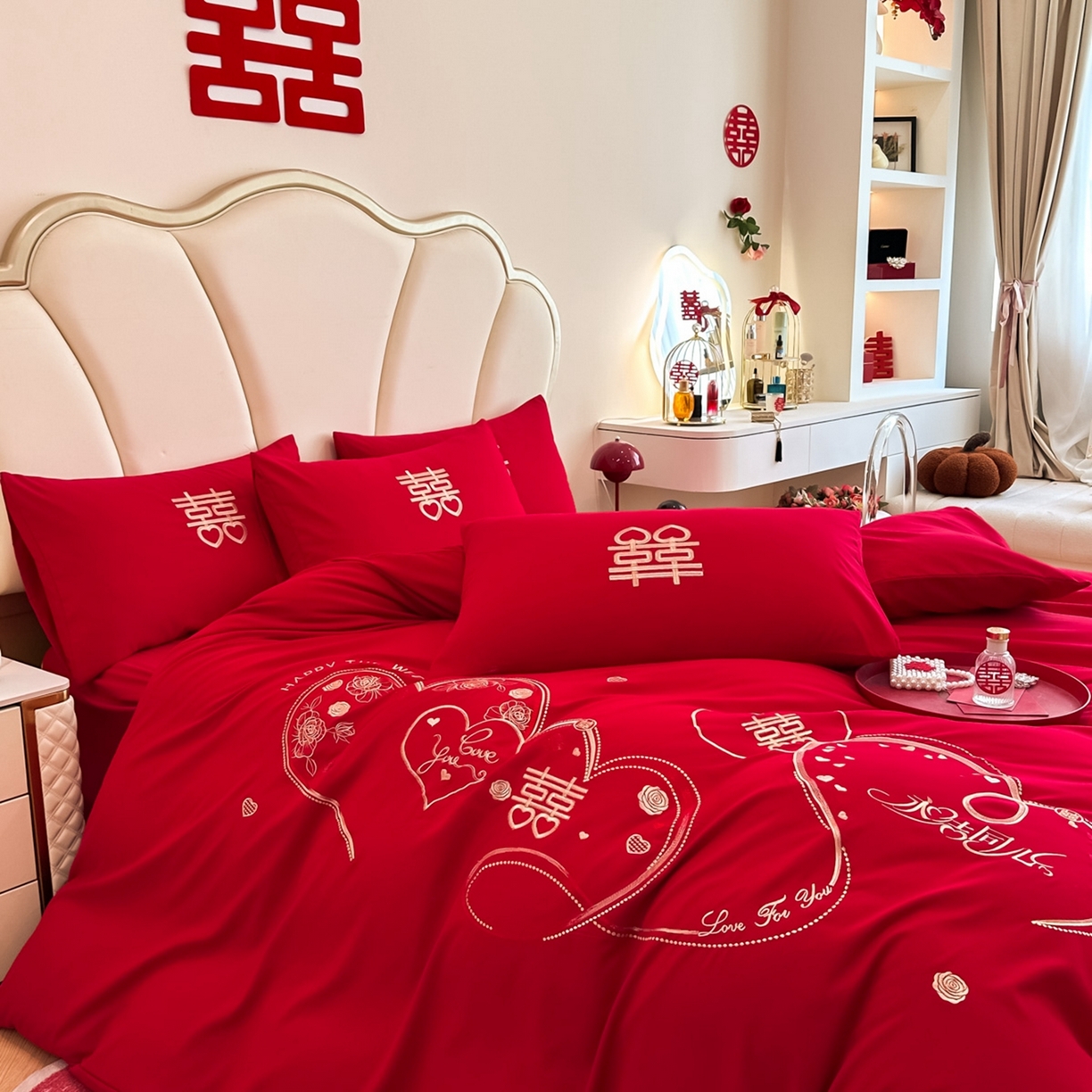 91家纺网 家纺一手货源 找家纺 火麒麟家纺 2025新款亲肤棉婚庆刺绣四件套 永结同心