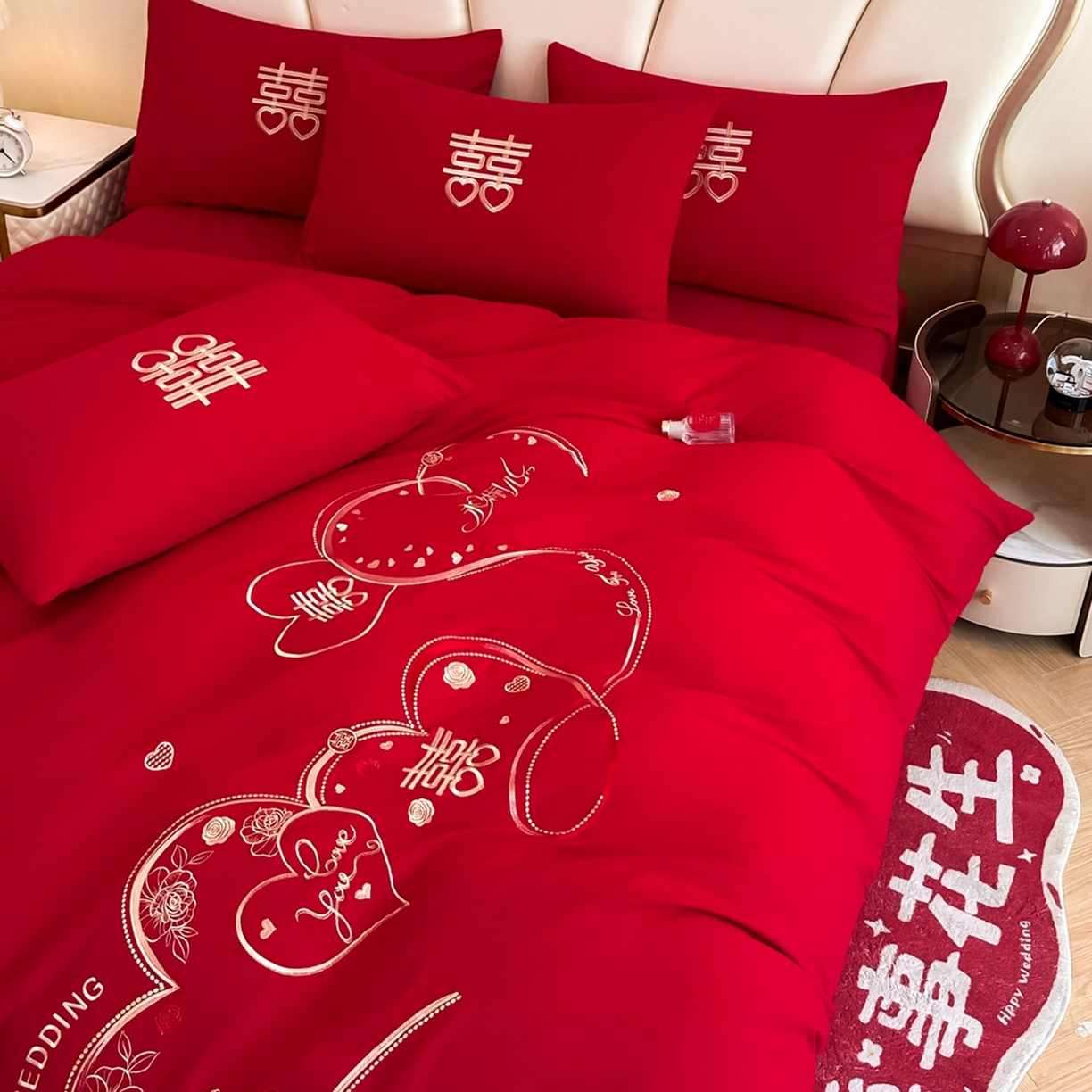 91家纺网 家纺一手货源 找家纺 火麒麟家纺 2025新款亲肤棉婚庆刺绣四件套 永结同心