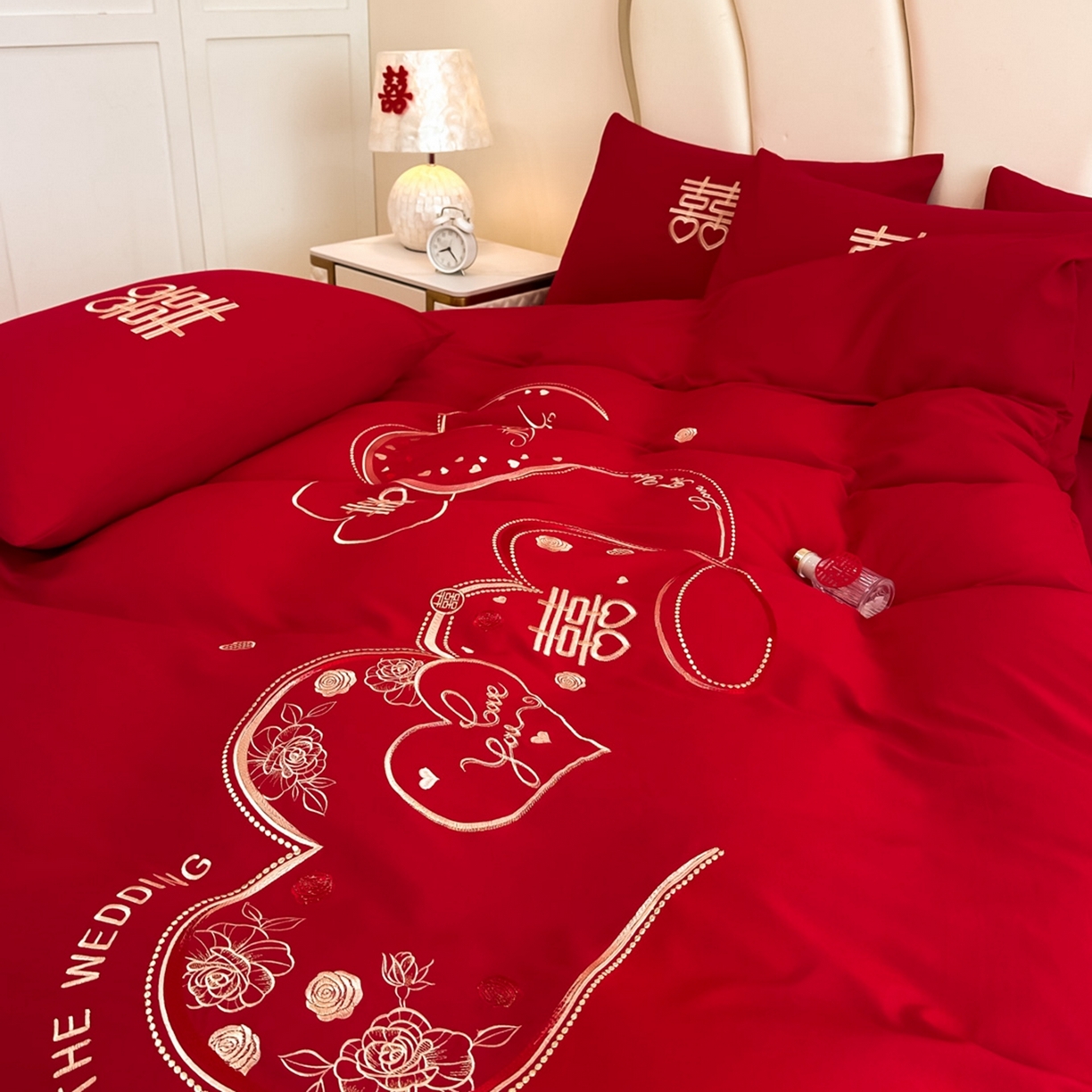 91家纺网 家纺一手货源 找家纺 火麒麟家纺 2025新款亲肤棉婚庆刺绣四件套 永结同心