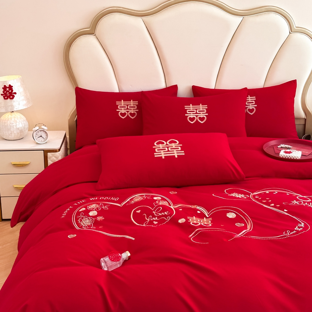 91家纺网 家纺一手货源 找家纺 火麒麟家纺 2025新款亲肤棉婚庆刺绣四件套 永结同心