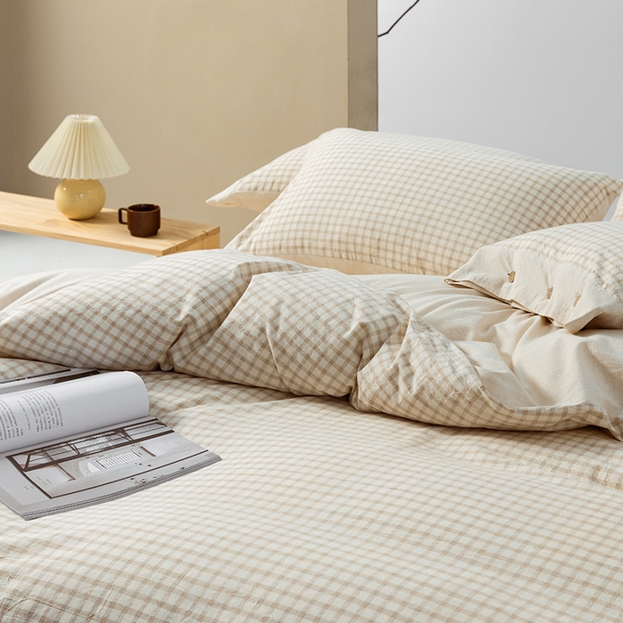 91家纺网 家纺一手货源 找家纺 贝尔 PELLHOME 简约格子纽扣棉麻透气舒适亚麻四件套床单被套场景一（可抖音代发） 星格咖