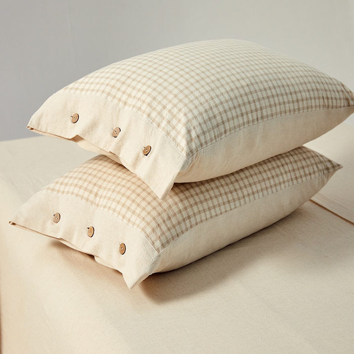 91家纺网 家纺一手货源 找家纺 贝尔 PELLHOME 简约格子纽扣棉麻透气舒适亚麻四件套床单被套场景一（可抖音代发） 星格咖