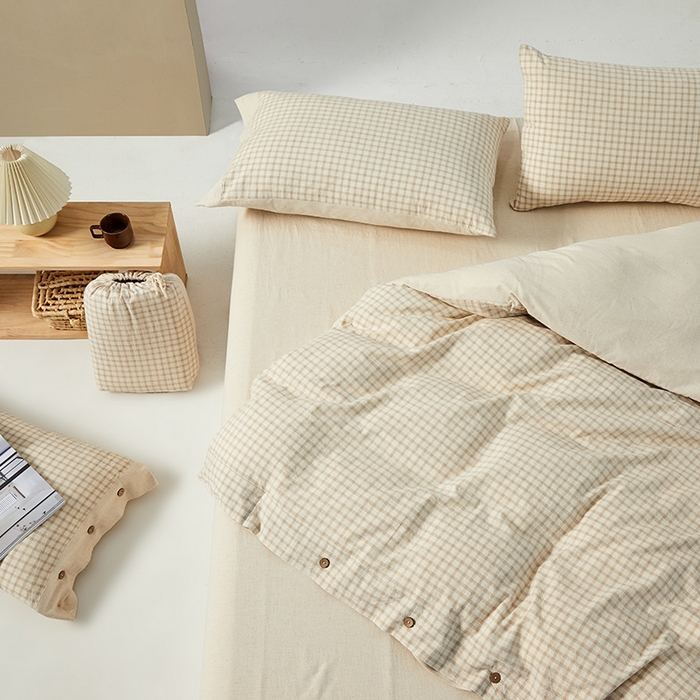 91家纺网 家纺一手货源 找家纺 贝尔 PELLHOME 简约格子纽扣棉麻透气舒适亚麻四件套床单被套场景一（可抖音代发） 星格咖