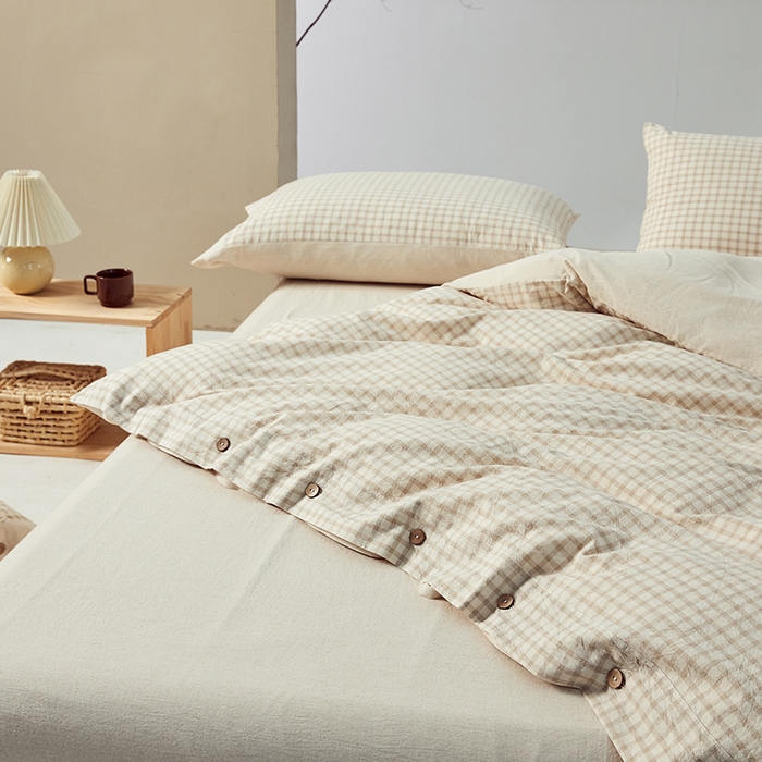 91家纺网 家纺一手货源 找家纺 贝尔 PELLHOME 简约格子纽扣棉麻透气舒适亚麻四件套床单被套场景一（可抖音代发） 星格咖