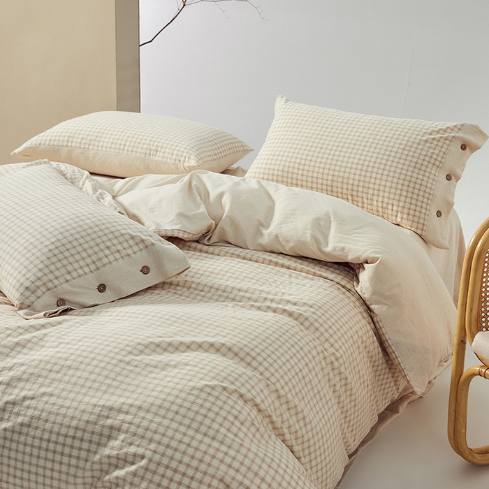 91家纺网 家纺一手货源 找家纺 贝尔 PELLHOME 简约格子纽扣棉麻透气舒适亚麻四件套床单被套场景一（可抖音代发） 星格咖