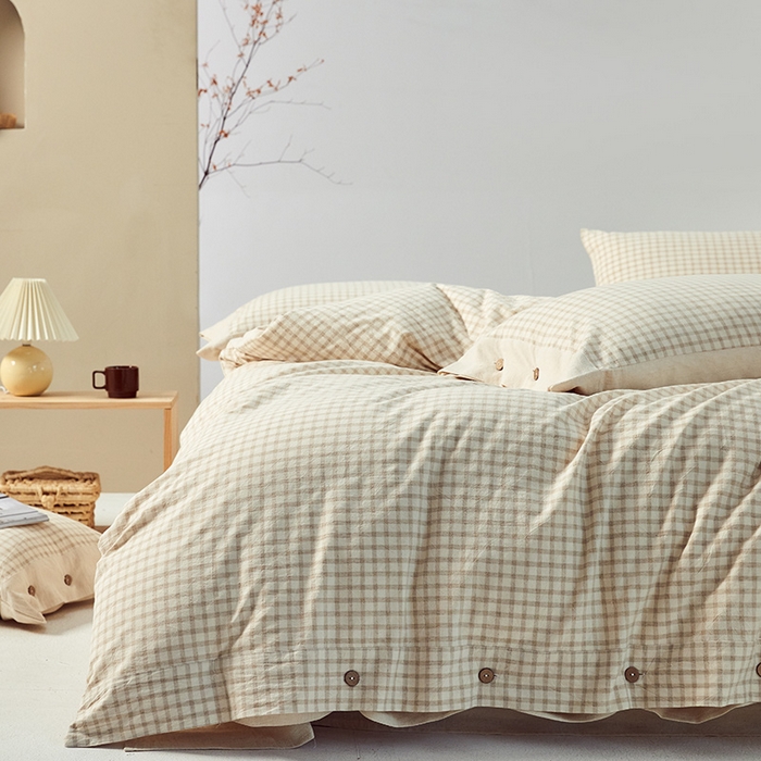 91家纺网 家纺一手货源 找家纺 贝尔 PELLHOME 简约格子纽扣棉麻透气舒适亚麻四件套床单被套场景一（可抖音代发） 星格咖