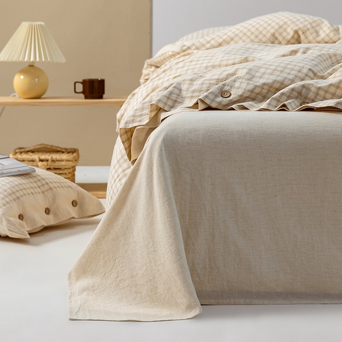 91家纺网 家纺一手货源 找家纺 贝尔 PELLHOME 简约格子纽扣棉麻透气舒适亚麻四件套床单被套场景一（可抖音代发） 星格咖