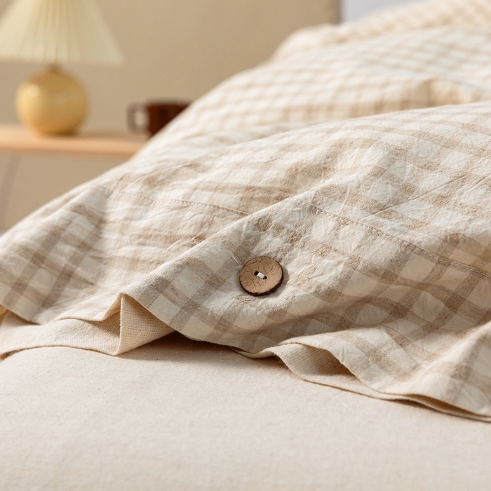 91家纺网 家纺一手货源 找家纺 贝尔 PELLHOME 简约格子纽扣棉麻透气舒适亚麻四件套床单被套场景一（可抖音代发） 星格咖