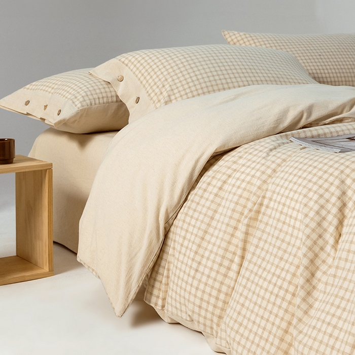 91家纺网 家纺一手货源 找家纺 贝尔 PELLHOME 简约格子纽扣棉麻透气舒适亚麻四件套床单被套场景一（可抖音代发） 星格咖