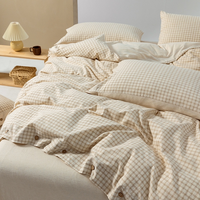 91家纺网 家纺一手货源 找家纺 贝尔 PELLHOME 简约格子纽扣棉麻透气舒适亚麻四件套床单被套场景一（可抖音代发） 星格咖