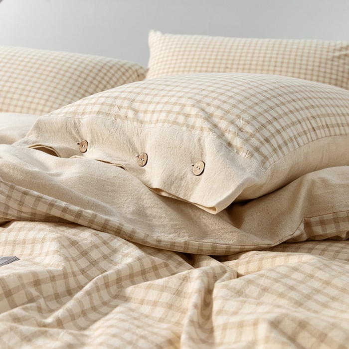 91家纺网 家纺一手货源 找家纺 贝尔 PELLHOME 简约格子纽扣棉麻透气舒适亚麻四件套床单被套场景一（可抖音代发） 星格咖