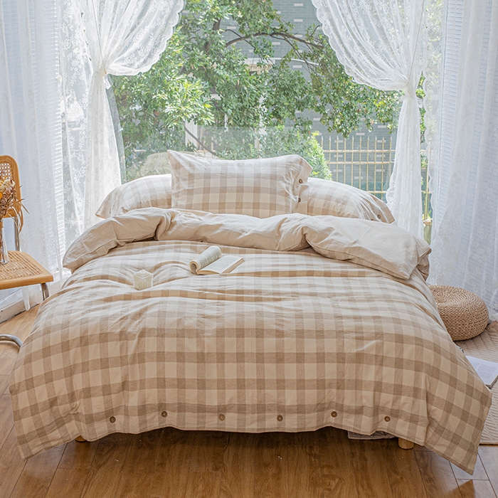 （总）贝尔 PELLHOME 简约格子纽扣棉麻透气舒适亚麻四件套床单被套场景二（可抖音代发）