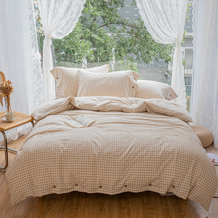 91家纺网 家纺一手货源 找家纺 （总）贝尔 PELLHOME 简约格子纽扣棉麻透气舒适亚麻四件套床单被套场景二（可抖音代发）