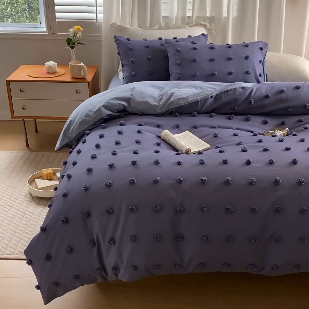 91家纺网 家纺一手货源 找家纺 （总）贝尔 PELLHOME 复古风毛球剪花日式简约套件全棉水洗棉纯素色四件套（春节不打烊)