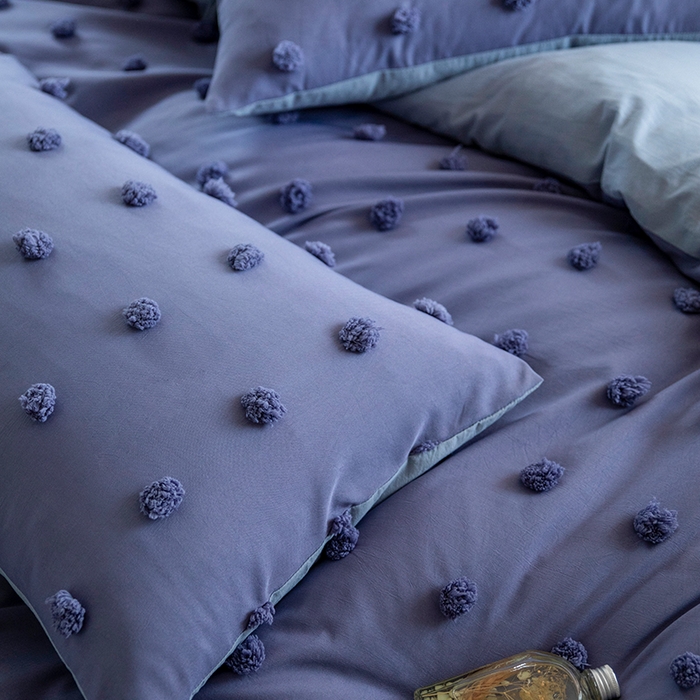 91家纺网 家纺一手货源 找家纺 （总）贝尔 PELLHOME 复古风毛球剪花日式简约套件全棉水洗棉纯素色四件套（春节不打烊)