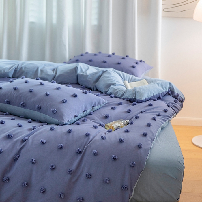 91家纺网 家纺一手货源 找家纺 （总）贝尔 PELLHOME 复古风毛球剪花日式简约套件全棉水洗棉纯素色四件套（春节不打烊)