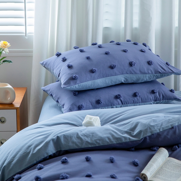 91家纺网 家纺一手货源 找家纺 （总）贝尔 PELLHOME 复古风毛球剪花日式简约套件全棉水洗棉纯素色四件套（春节不打烊)