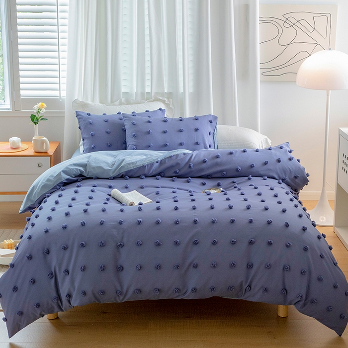 91家纺网 家纺一手货源 找家纺 （总）贝尔 PELLHOME 复古风毛球剪花日式简约套件全棉水洗棉纯素色四件套（春节不打烊)