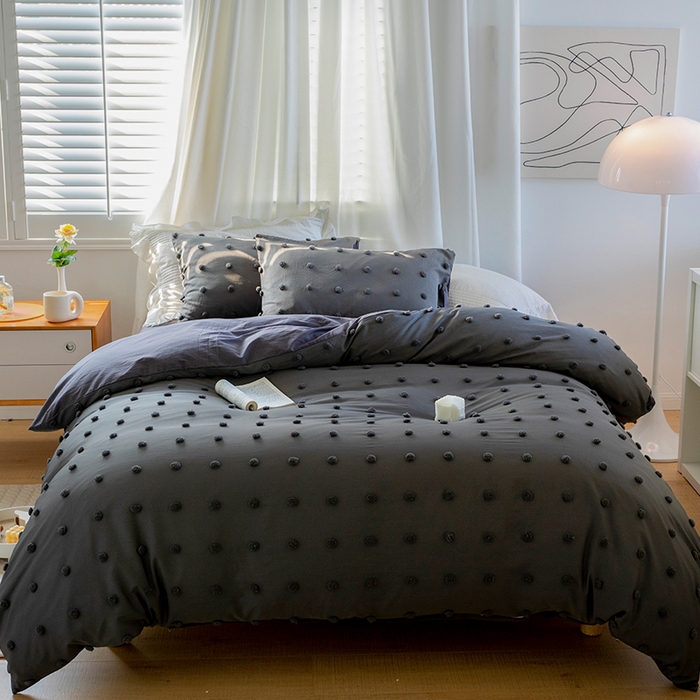 91家纺网 家纺一手货源 找家纺 贝尔 PELLHOME 复古风毛球剪花日式简约套件全棉水洗棉纯素色四件套（春节不打烊) 球球-深灰