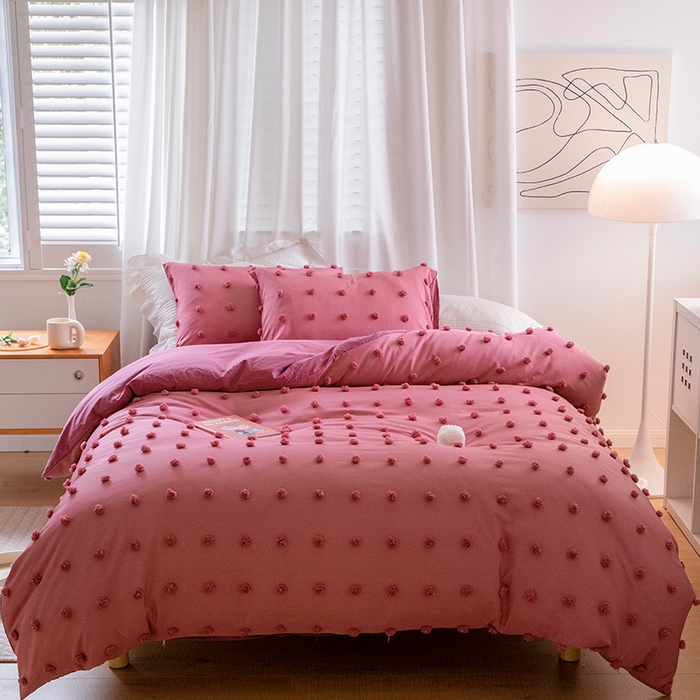 91家纺网 家纺一手货源 找家纺 （总）贝尔 PELLHOME 复古风毛球剪花日式简约套件全棉水洗棉纯素色四件套（春节不打烊)