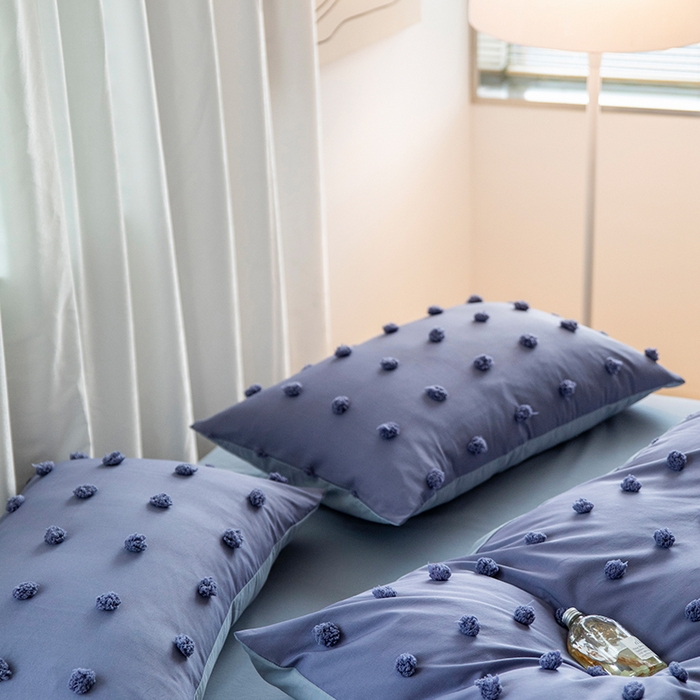 91家纺网 家纺一手货源 找家纺 贝尔 PELLHOME 复古风毛球剪花日式简约套件全棉水洗棉纯素色四件套（春节不打烊) 球球-姹紫