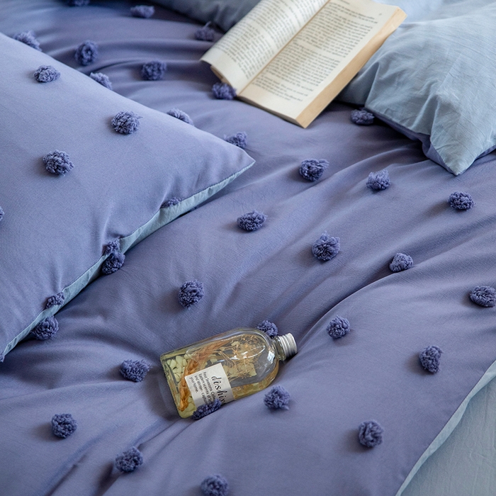 91家纺网 家纺一手货源 找家纺 贝尔 PELLHOME 复古风毛球剪花日式简约套件全棉水洗棉纯素色四件套（春节不打烊) 球球-姹紫