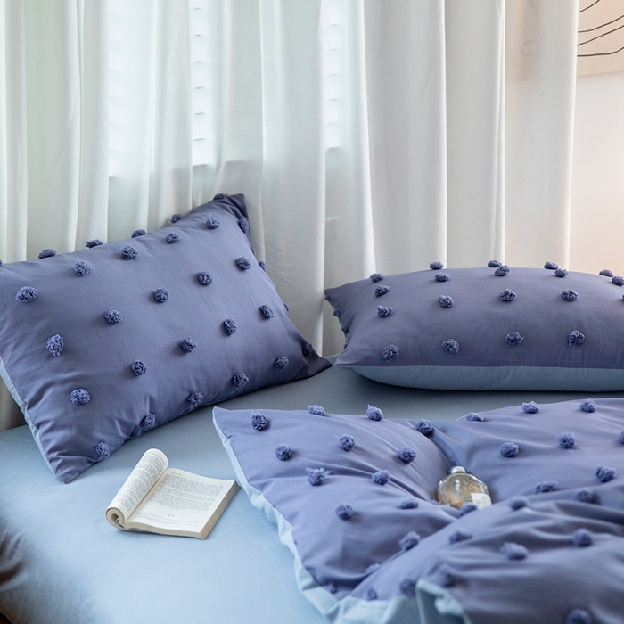 91家纺网 家纺一手货源 找家纺 贝尔 PELLHOME 复古风毛球剪花日式简约套件全棉水洗棉纯素色四件套（春节不打烊) 球球-姹紫