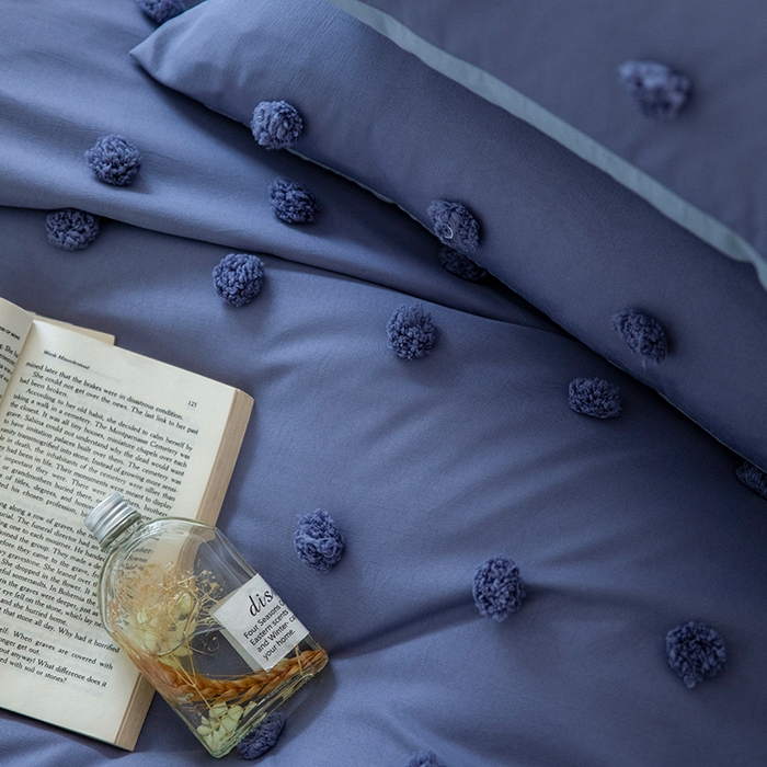 91家纺网 家纺一手货源 找家纺 贝尔 PELLHOME 复古风毛球剪花日式简约套件全棉水洗棉纯素色四件套（春节不打烊) 球球-姹紫