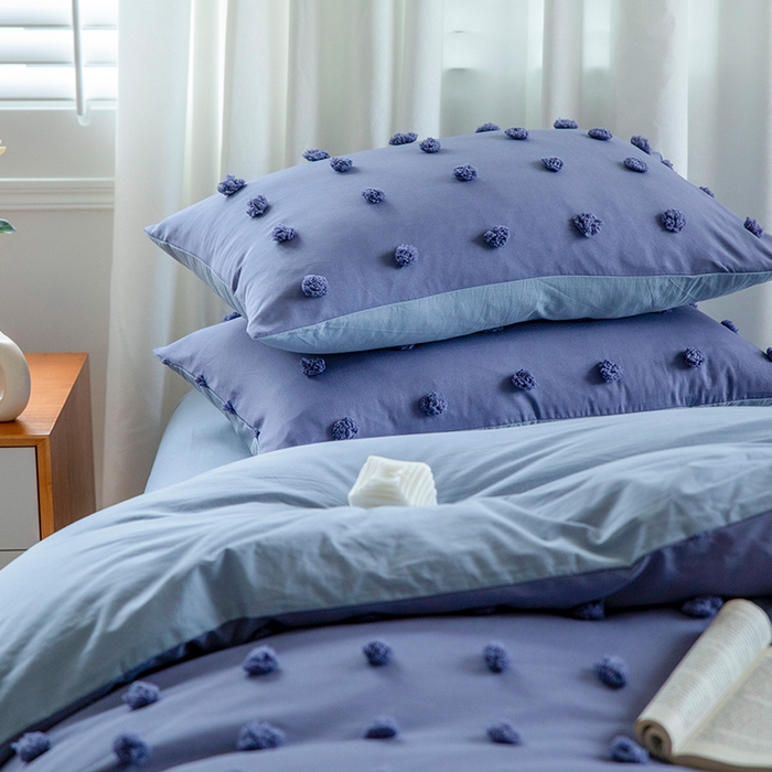 91家纺网 家纺一手货源 找家纺 贝尔 PELLHOME 复古风毛球剪花日式简约套件全棉水洗棉纯素色四件套（春节不打烊) 球球-姹紫