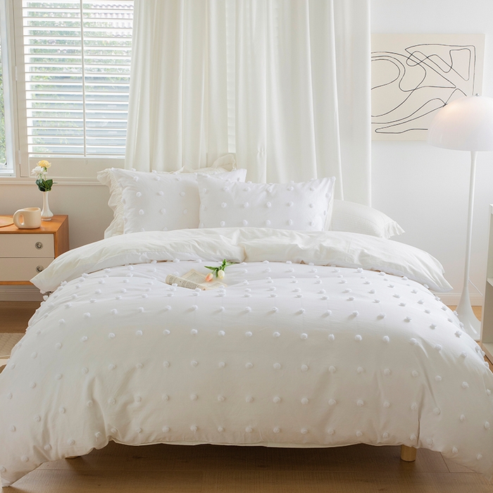 贝尔 PELLHOME 复古风毛球剪花日式简约套件全棉水洗棉纯素色四件套（春节不打烊) 球球-奶白