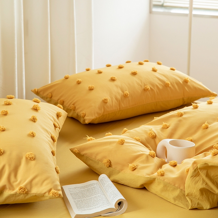 91家纺网 家纺一手货源 找家纺 贝尔 PELLHOME 复古风毛球剪花日式简约套件全棉水洗棉纯素色四件套（春节不打烊) 球球-奶黄