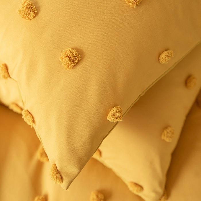 91家纺网 家纺一手货源 找家纺 贝尔 PELLHOME 复古风毛球剪花日式简约套件全棉水洗棉纯素色四件套（春节不打烊) 球球-奶黄